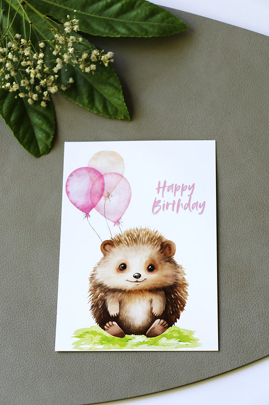 Geburtstagskarte Igel Luftballons Pink
